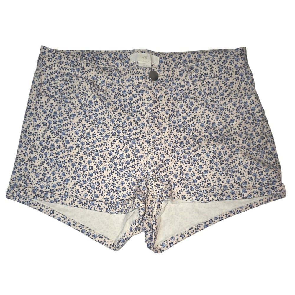 H&M Blue Floral Denim Shorts Womens Size 2 Mid Rise Cuffed Botanical Print
